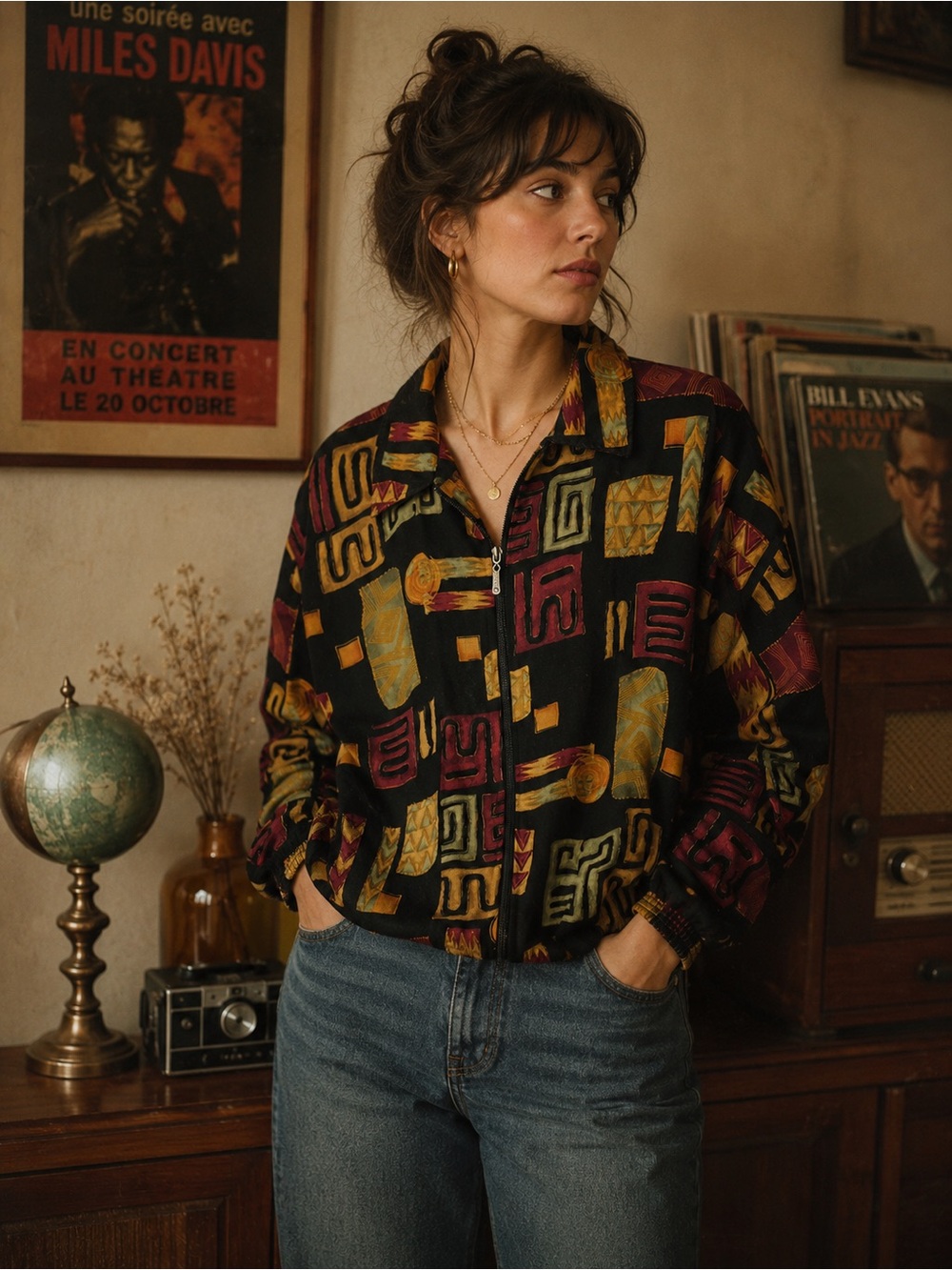 Vintage Image Canada Abstract Art Print Full Zip Jacket Retro 90s Size XL
